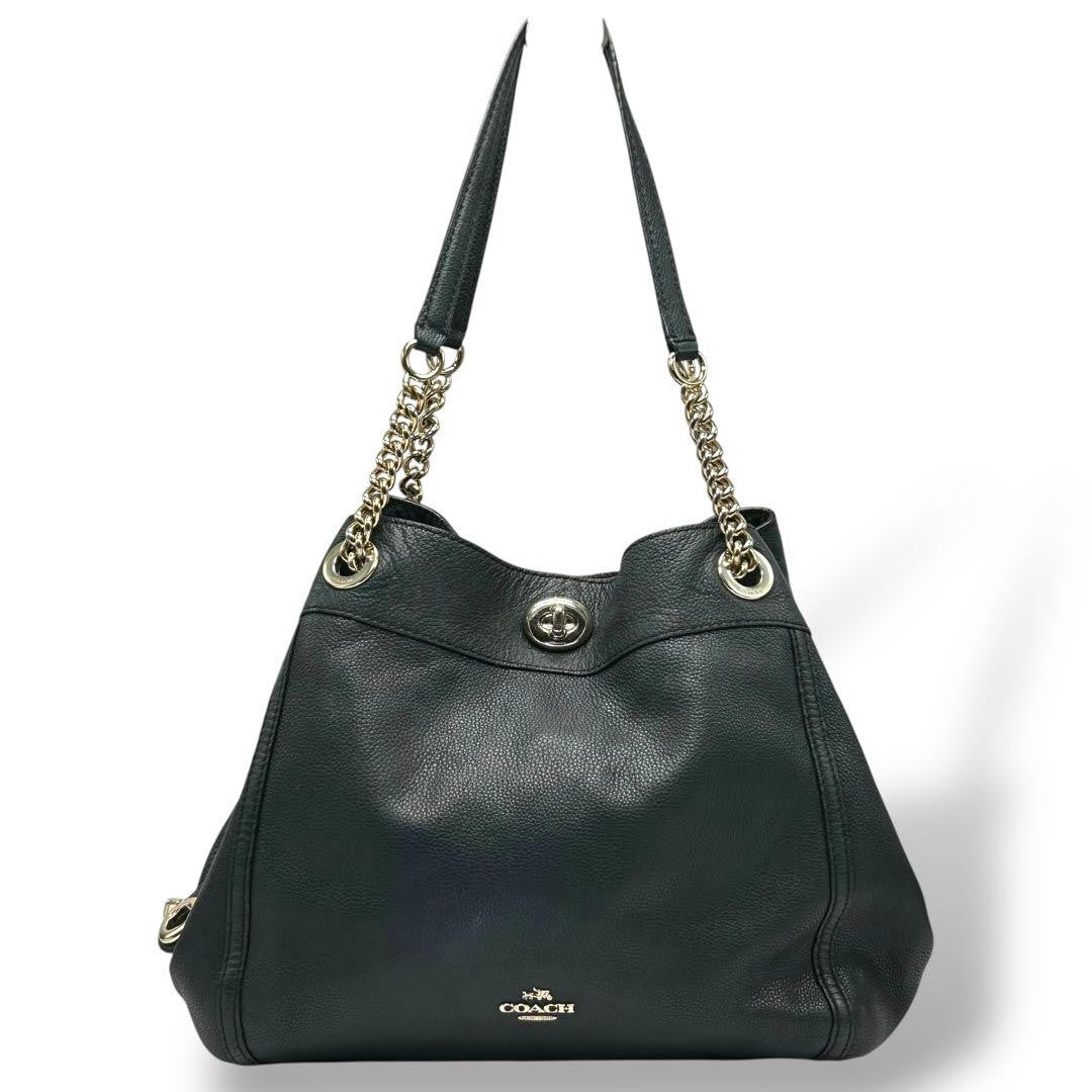 COACH Hand Bag Tote Purse Chain Leather Authentic