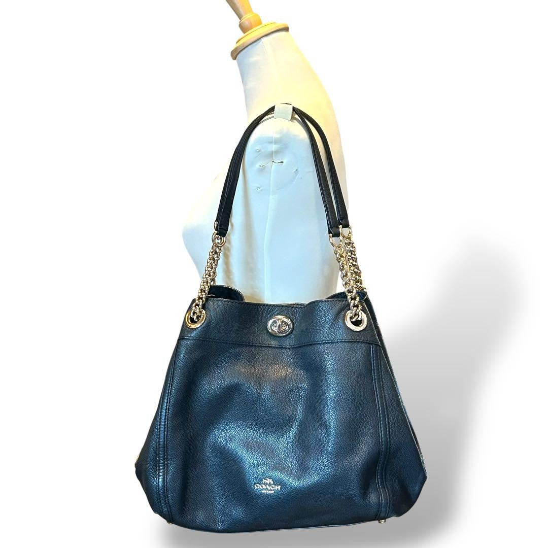 COACH Hand Bag Tote Purse Chain Leather Authentic