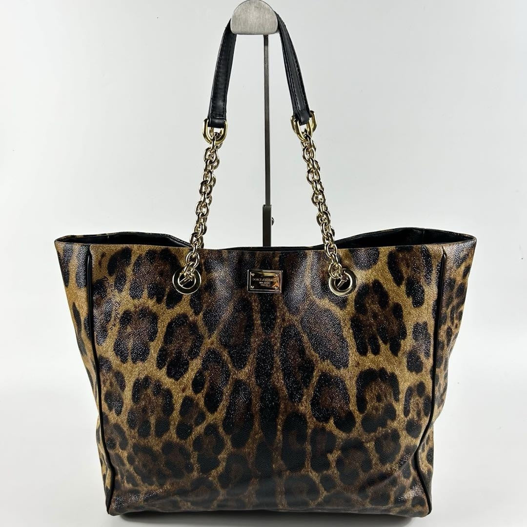 Dolce & Gabbana Hand Bag Tote Purse Leopard PVC Leather Brown Authentic