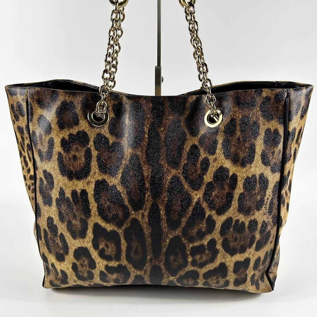 Dolce & Gabbana Hand Bag Tote Purse Leopard PVC Leather Brown Authentic