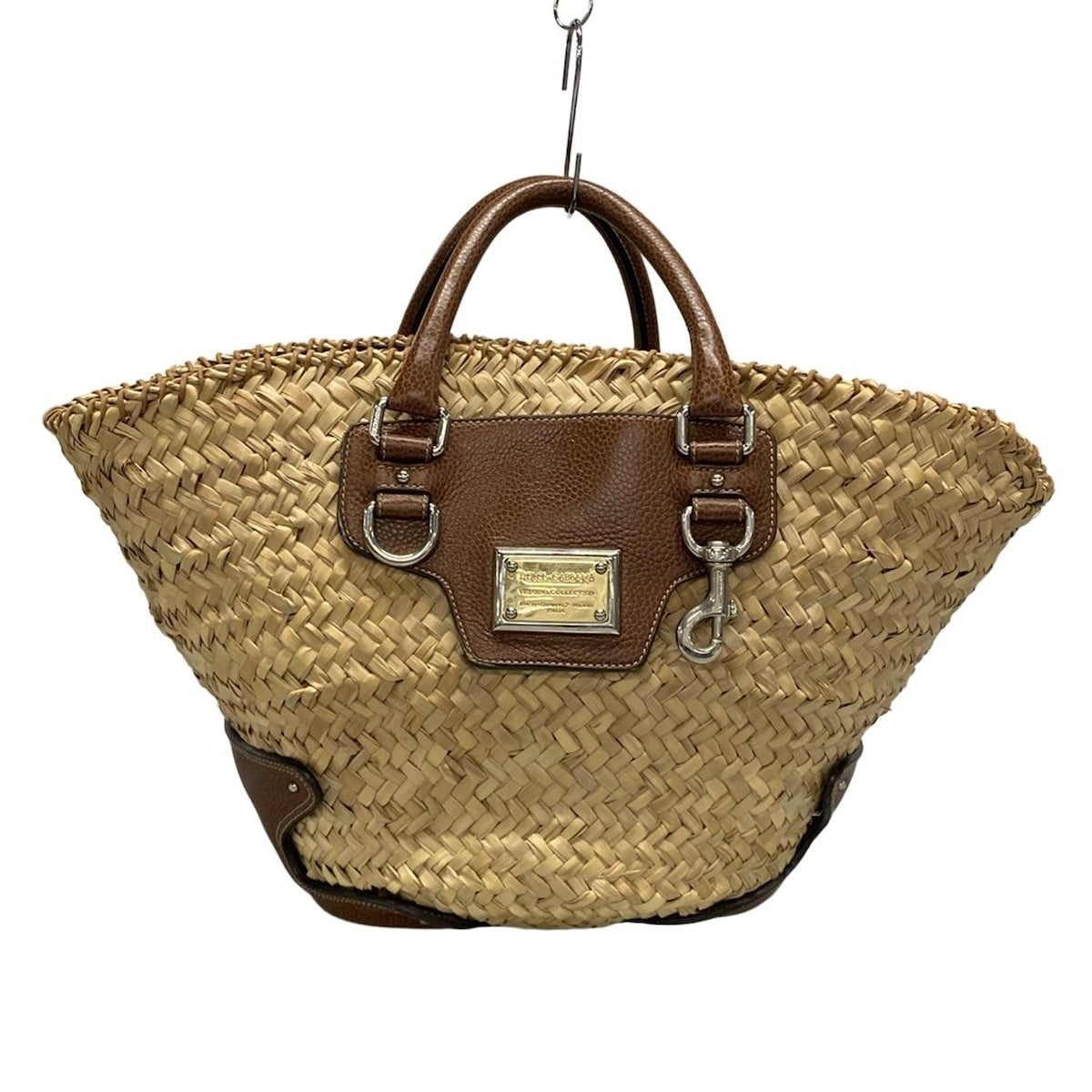 Dolce & Gabbana Hand Bag Tote Purse Leopard Straw Leather Beige Dark Brown Auth