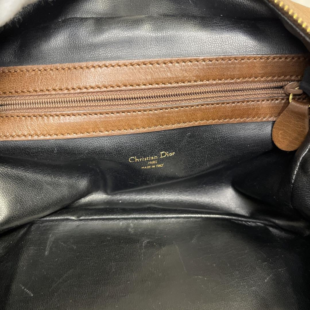 Christian Dior Hand Bag Tote Purse CD Leather Brown Authentic