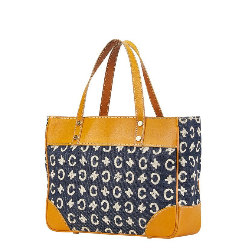 CELINE handbag Purse C Macadam Navy Denim Brown Leather Women's Authentic Used