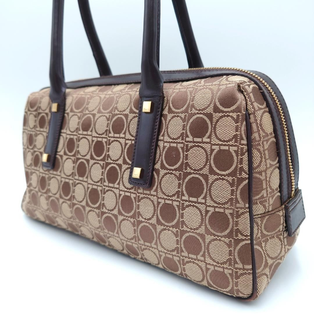 Salvatore Ferragamo handbag Purse Gancini Brown Canvas Leather mini boston bag