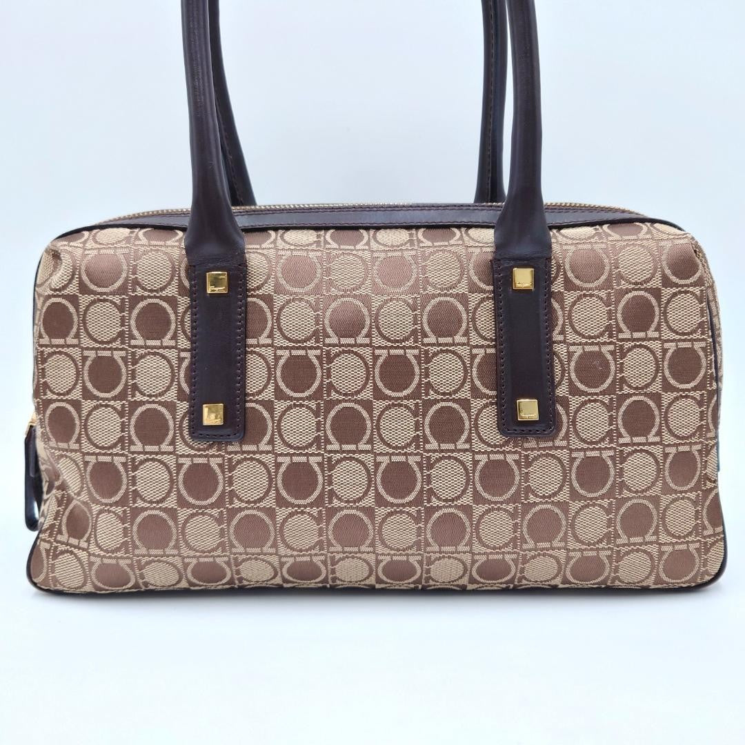 Salvatore Ferragamo handbag Purse Gancini Brown Canvas Leather mini boston bag