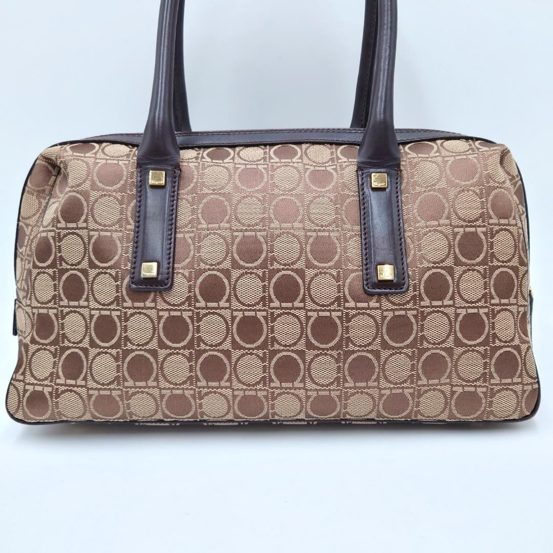 Salvatore Ferragamo handbag Purse Gancini Brown Canvas Leather mini boston bag