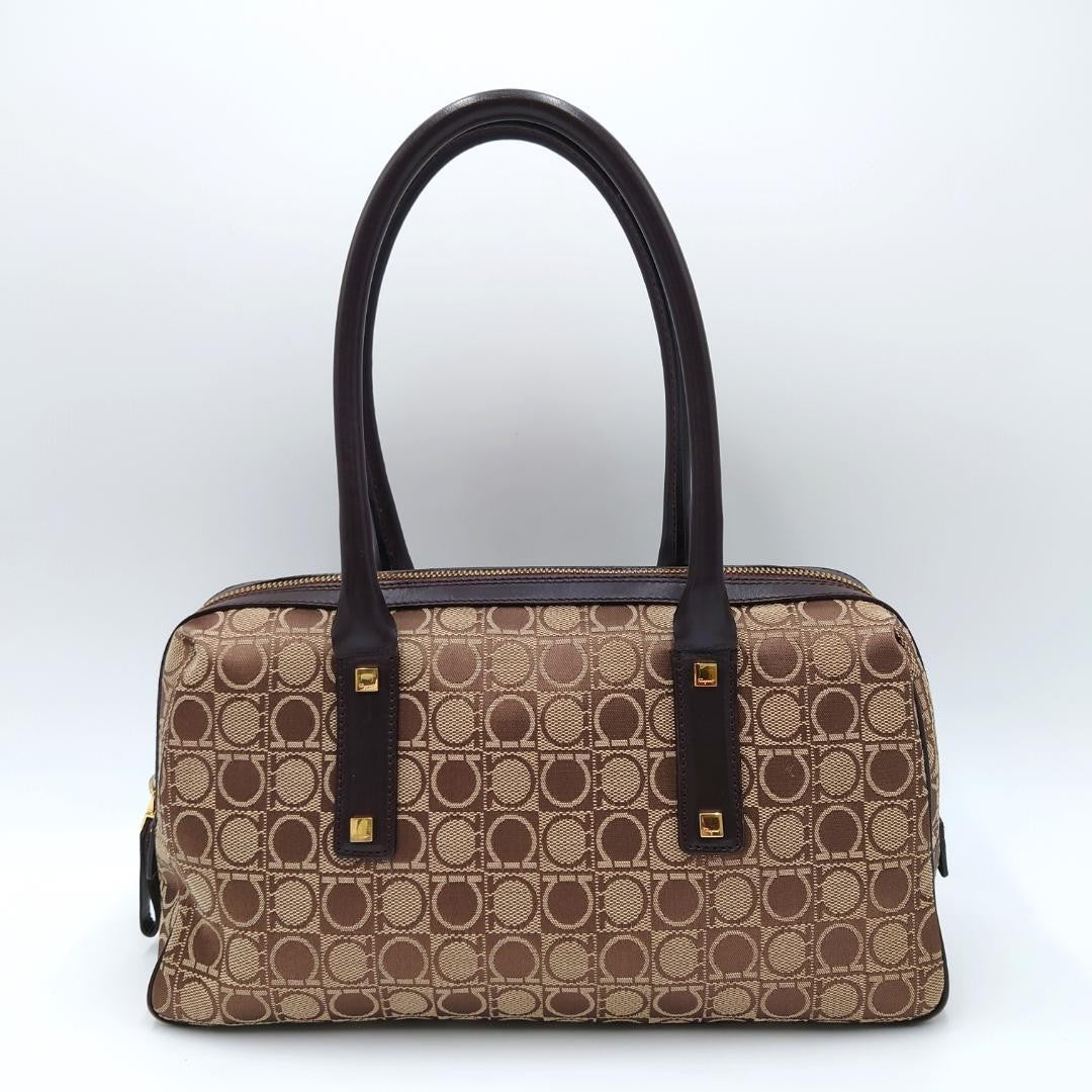 Salvatore Ferragamo handbag Purse Gancini Brown Canvas Leather mini boston bag