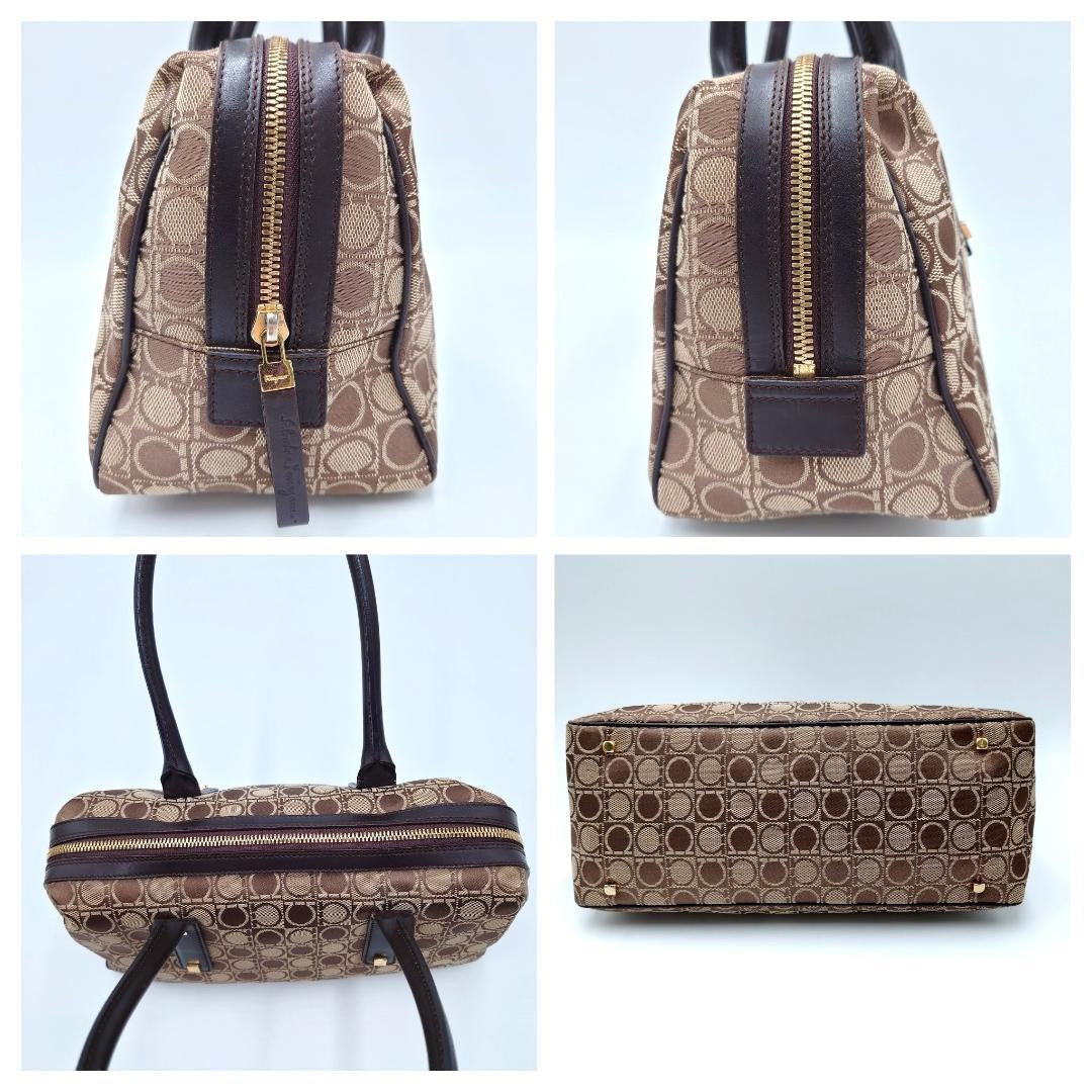 Salvatore Ferragamo handbag Purse Gancini Brown Canvas Leather mini boston bag