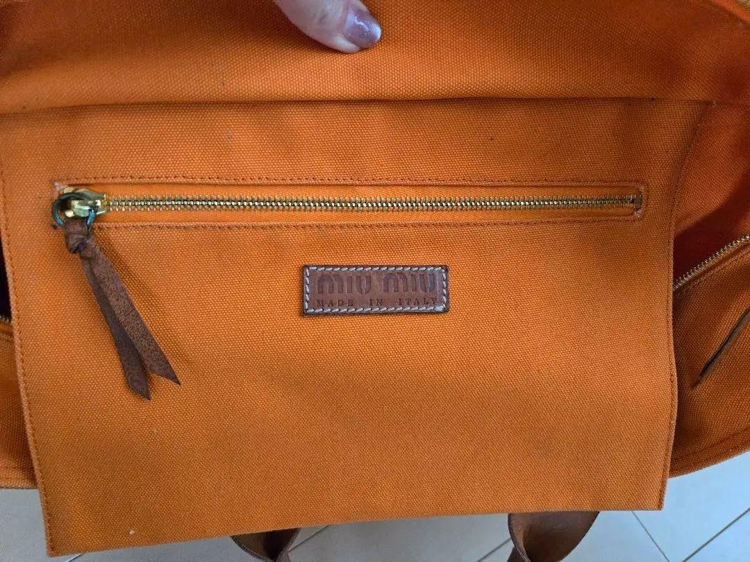 MIU MIU Hand Bag Tote Purse Canvas Leather Orange Authentic