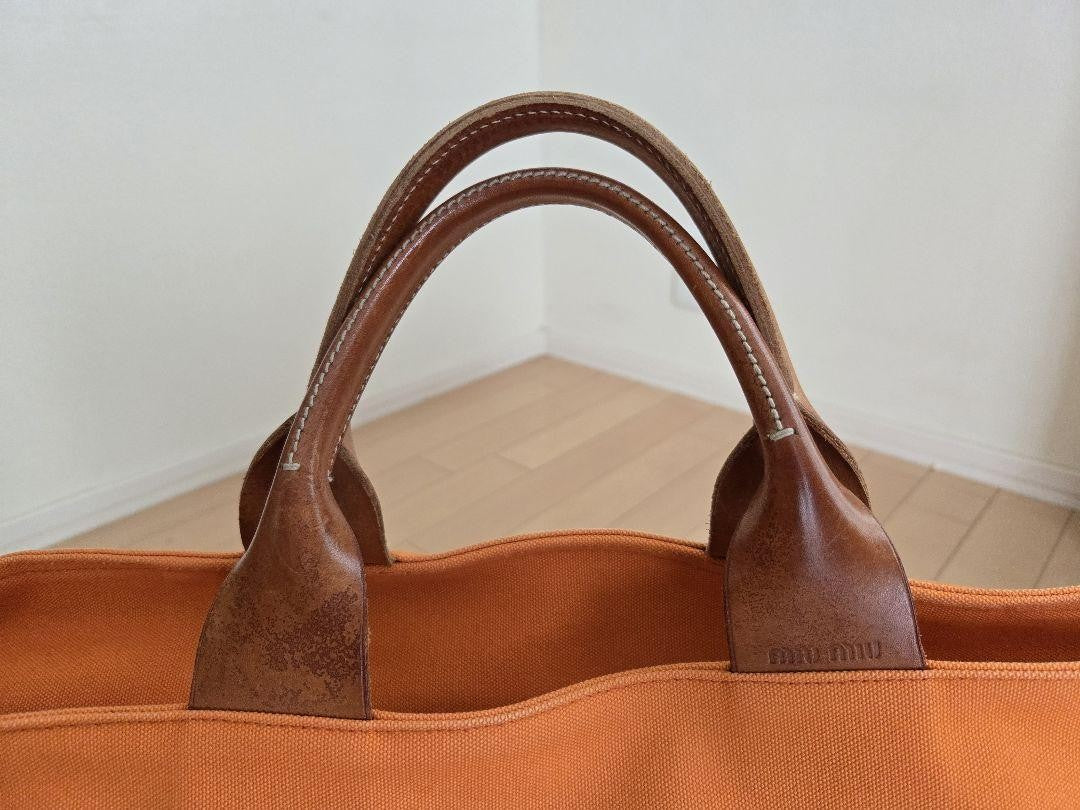 MIU MIU Hand Bag Tote Purse Canvas Leather Orange Authentic