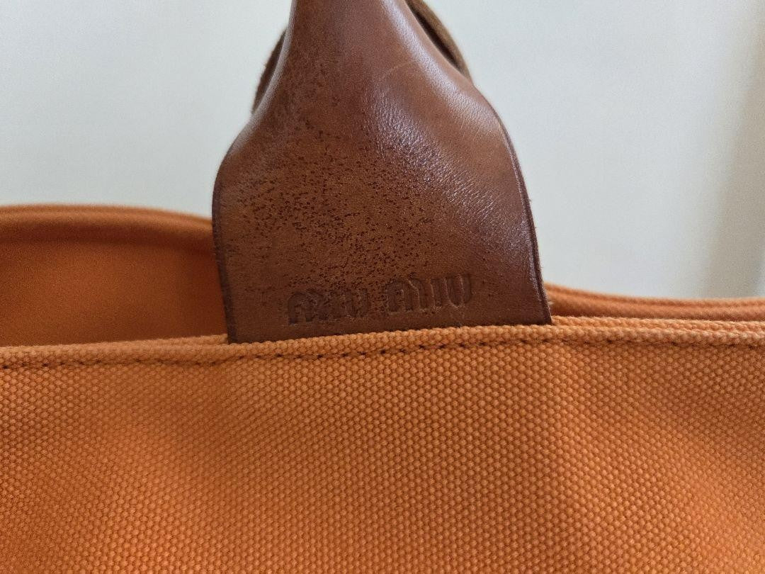 MIU MIU Hand Bag Tote Purse Canvas Leather Orange Authentic