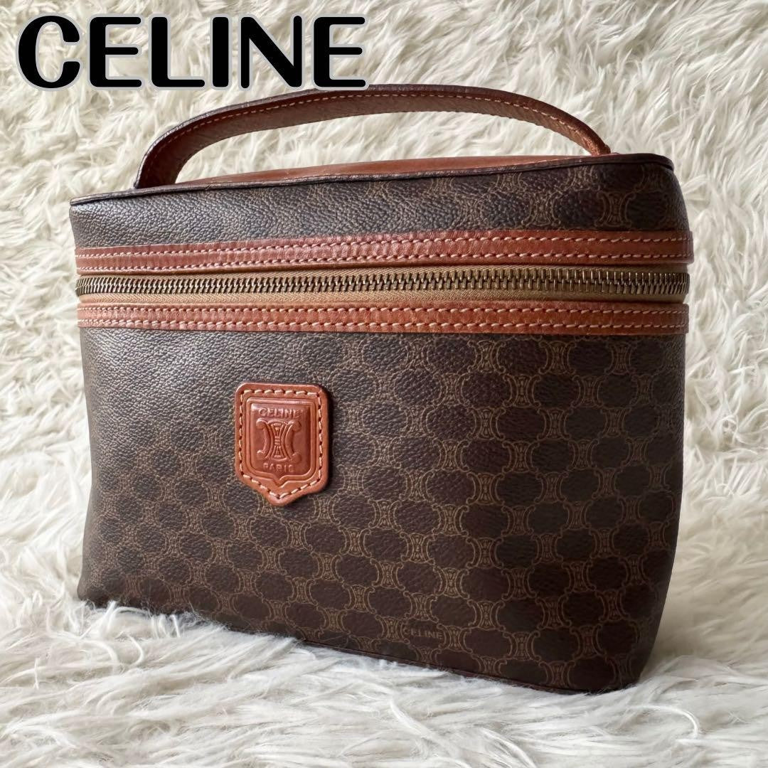 CELINE Pouch Vanity Purse Triomphe macadam pattern leather pvc brown Authentic