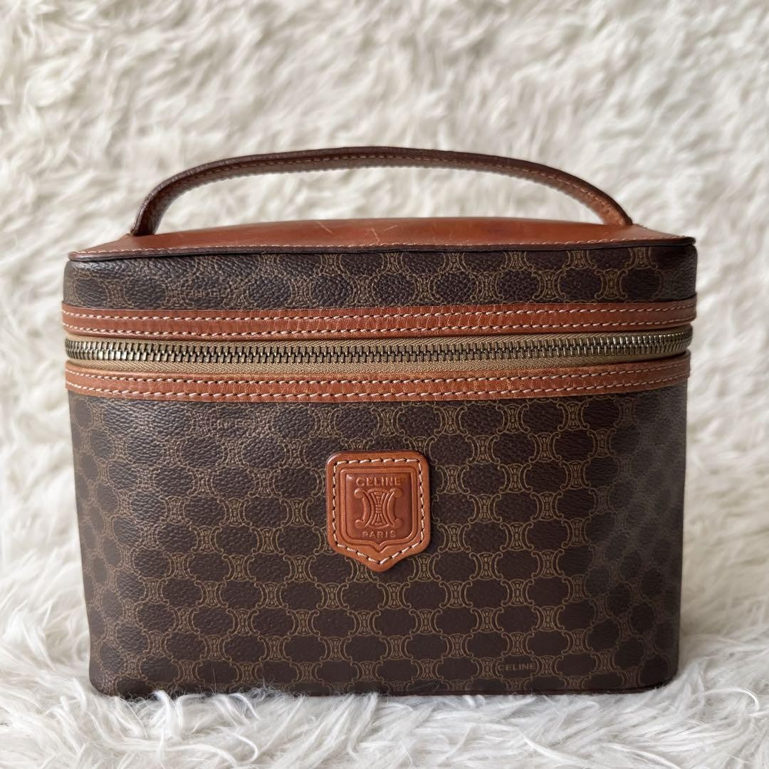 CELINE Pouch Vanity Purse Triomphe macadam pattern leather pvc brown Authentic