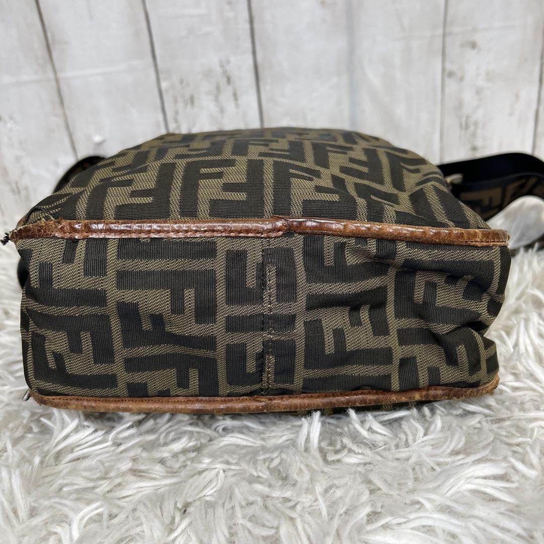 FENDI Shoulder Bag Purse FF Zucca Nylon Canvas Brown Authentic