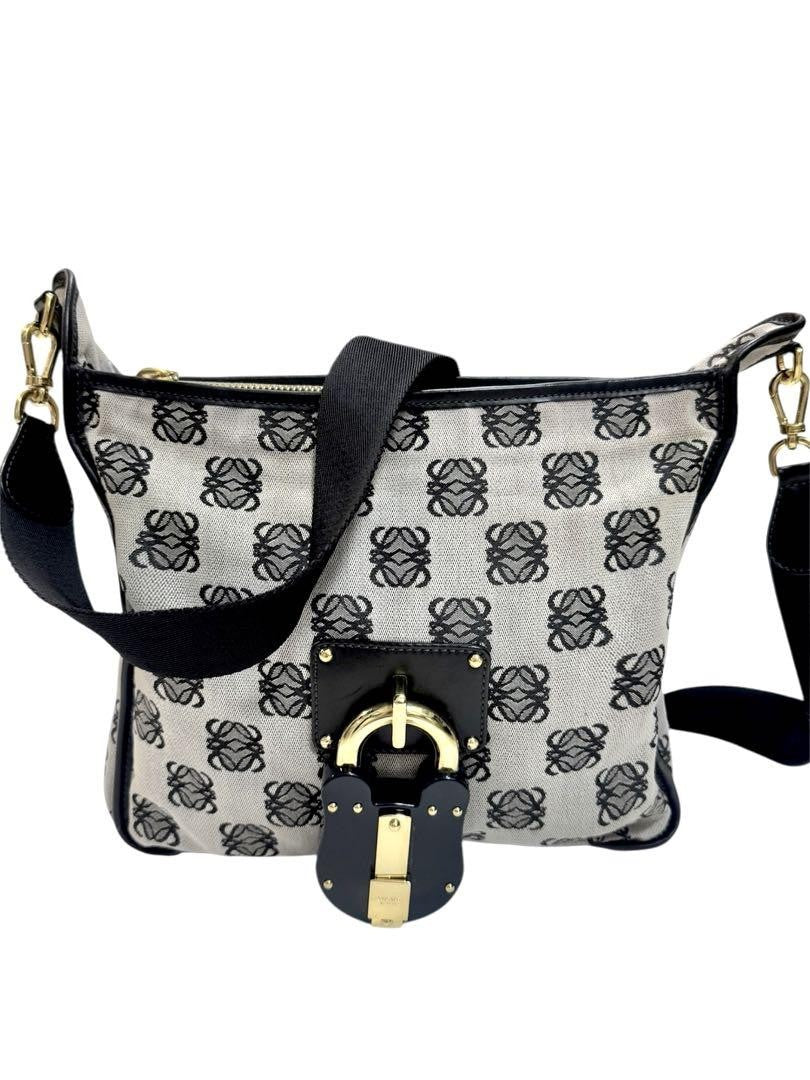 LOEWE shoulder bag Anagram Purse Canvas Leather Black Authentic Women's Used