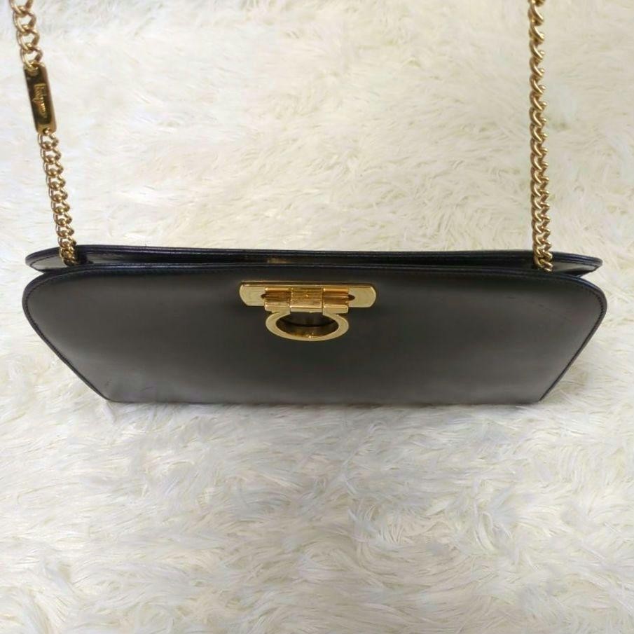 Salvatore Ferragamo shoulder bag Purse Gancini Black Gold chain Leather Used
