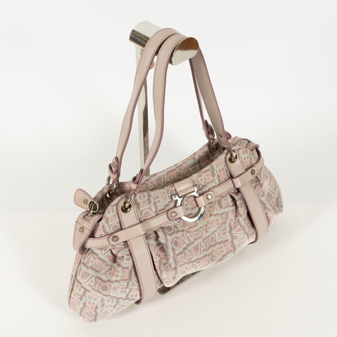 Salvatore Ferragamo handbag Tote Purse Gancini Pink Beige Canvas Leather Women's