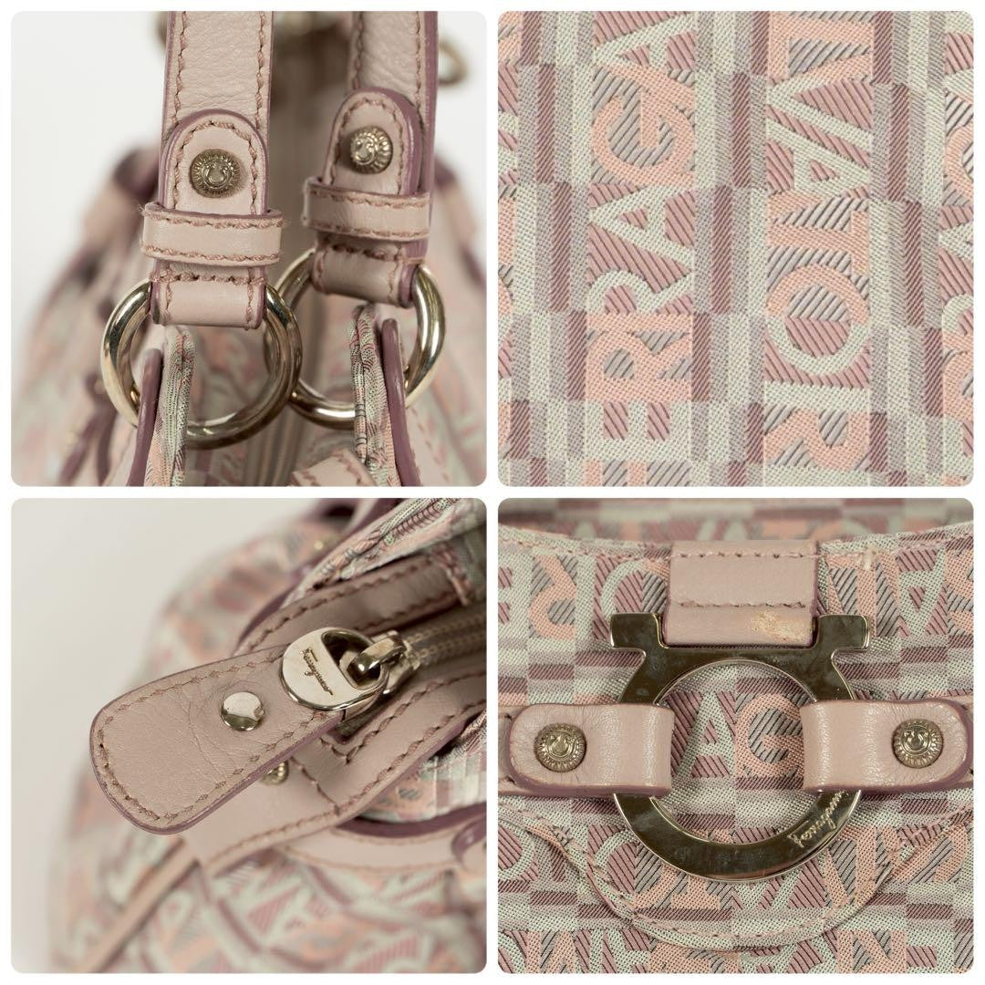 Salvatore Ferragamo handbag Tote Purse Gancini Pink Beige Canvas Leather Women's