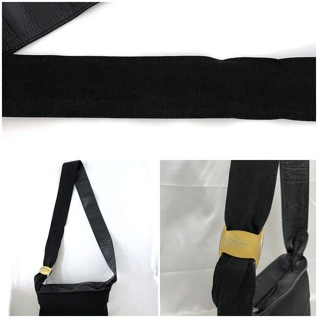 Salvatore Ferragamo shoulder bag Purse VARA Black Canvas Leather Authentic Used