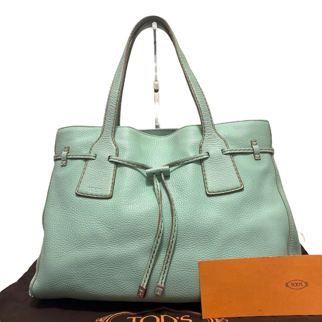 TOD'S Hand Bag Tote Purse Leather Mint Green Authentic