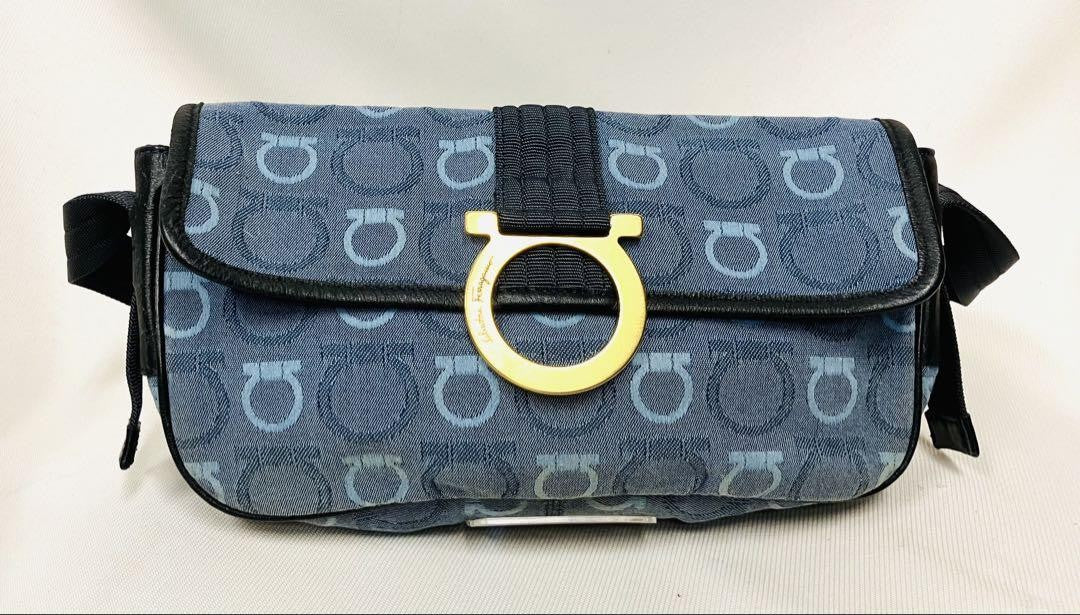 Salvatore Ferragamo Shoulder Bag Purse Gancini Canvas Leather Blue Black Auth