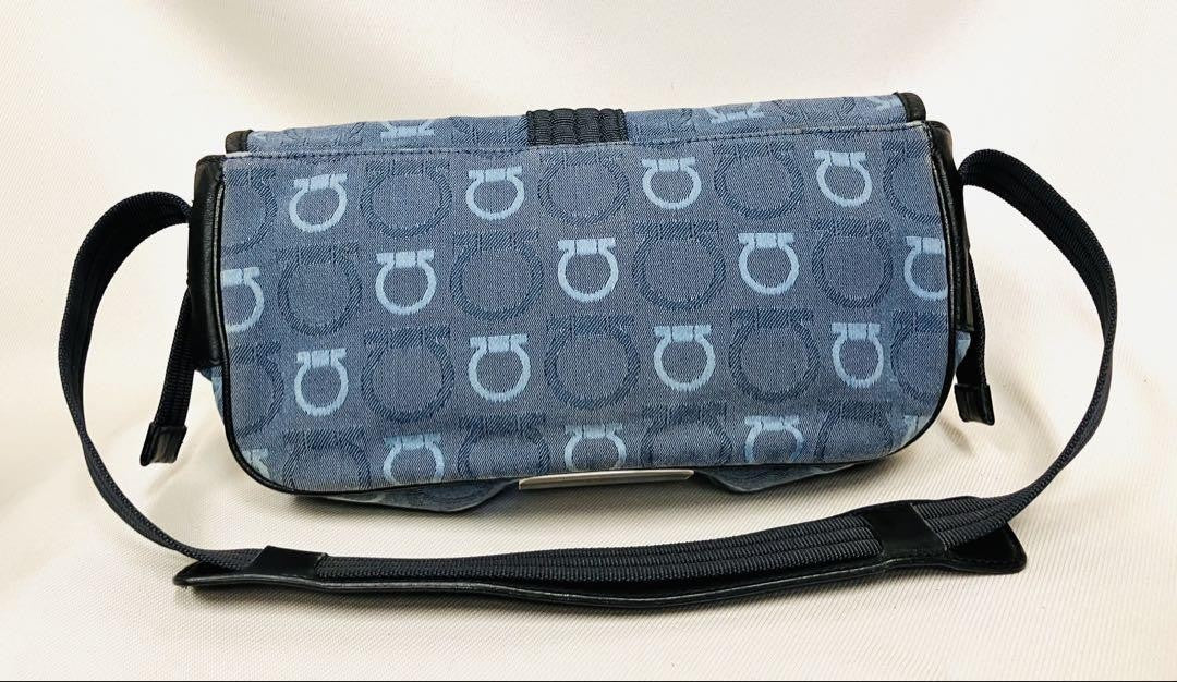 Salvatore Ferragamo Shoulder Bag Purse Gancini Canvas Leather Blue Black Auth
