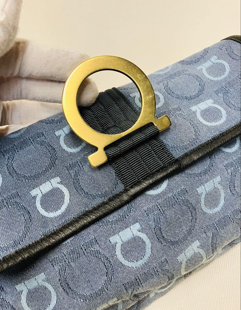 Salvatore Ferragamo Shoulder Bag Purse Gancini Canvas Leather Blue Black Auth