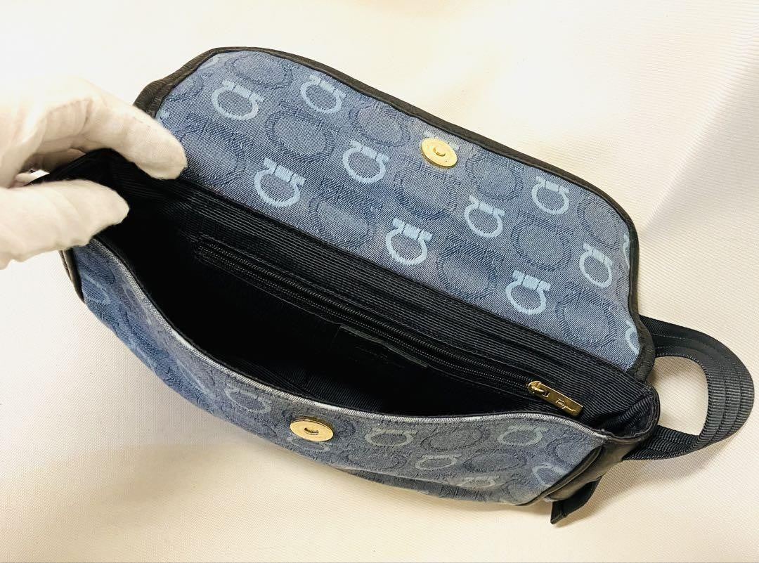 Salvatore Ferragamo Shoulder Bag Purse Gancini Canvas Leather Blue Black Auth
