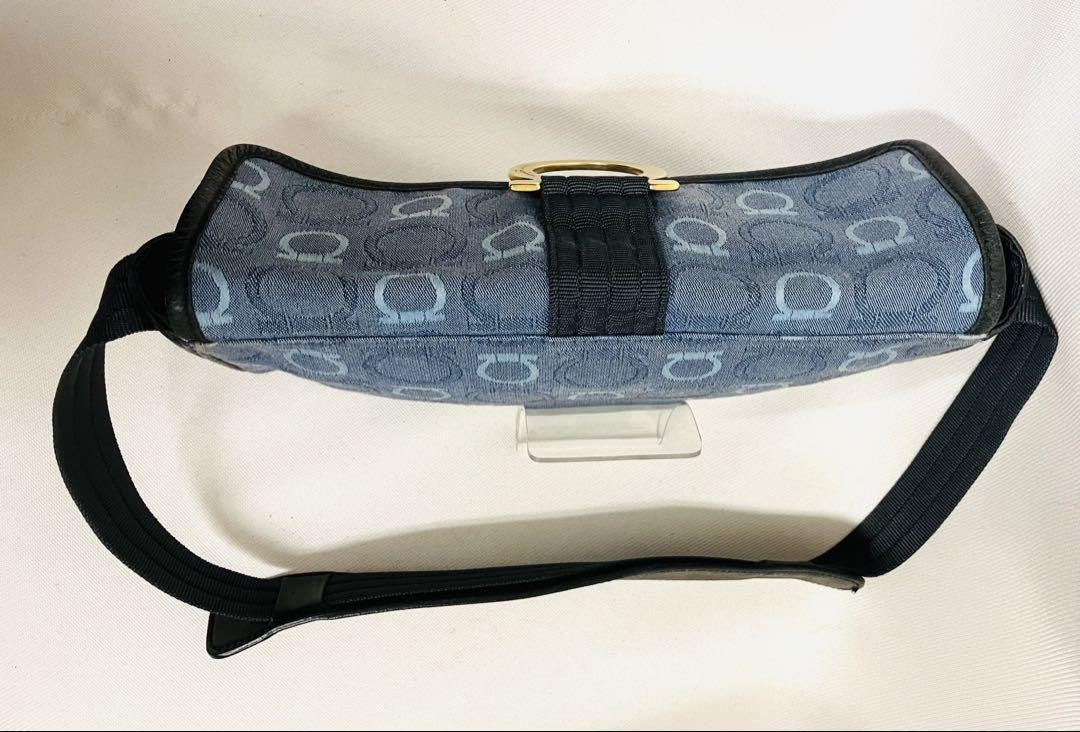 Salvatore Ferragamo Shoulder Bag Purse Gancini Canvas Leather Blue Black Auth
