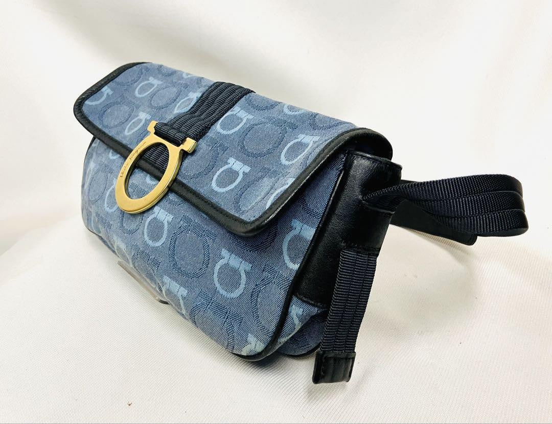 Salvatore Ferragamo Shoulder Bag Purse Gancini Canvas Leather Blue Black Auth