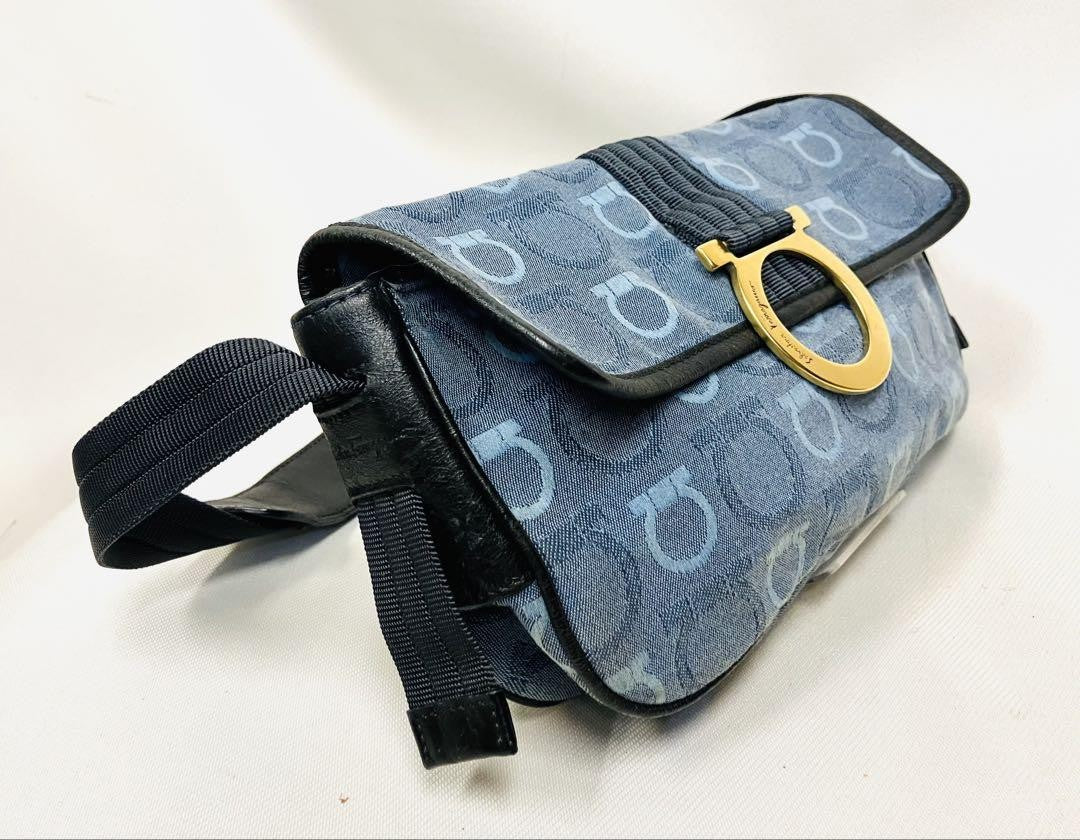 Salvatore Ferragamo Shoulder Bag Purse Gancini Canvas Leather Blue Black Auth