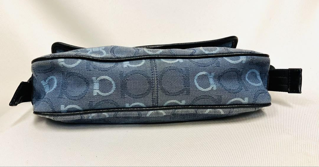 Salvatore Ferragamo Shoulder Bag Purse Gancini Canvas Leather Blue Black Auth