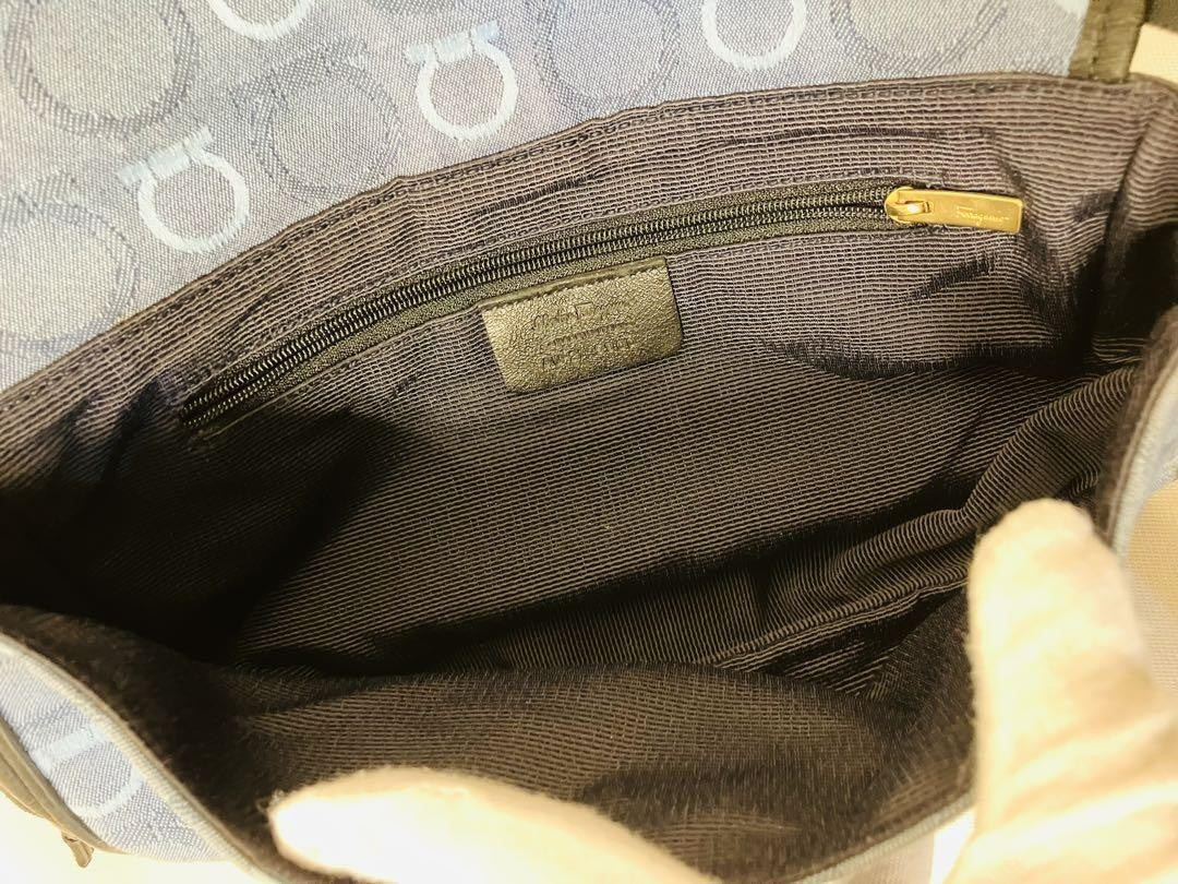 Salvatore Ferragamo Shoulder Bag Purse Gancini Canvas Leather Blue Black Auth