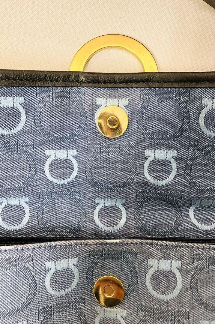 Salvatore Ferragamo Shoulder Bag Purse Gancini Canvas Leather Blue Black Auth