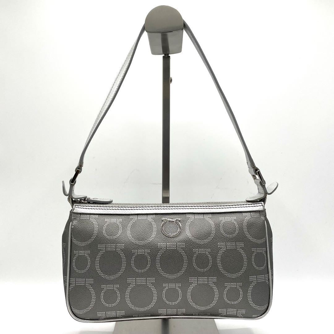 Salvatore Ferragamo Accessory Pouch Hand Pouch Gancini PVC Leather Silver Auth