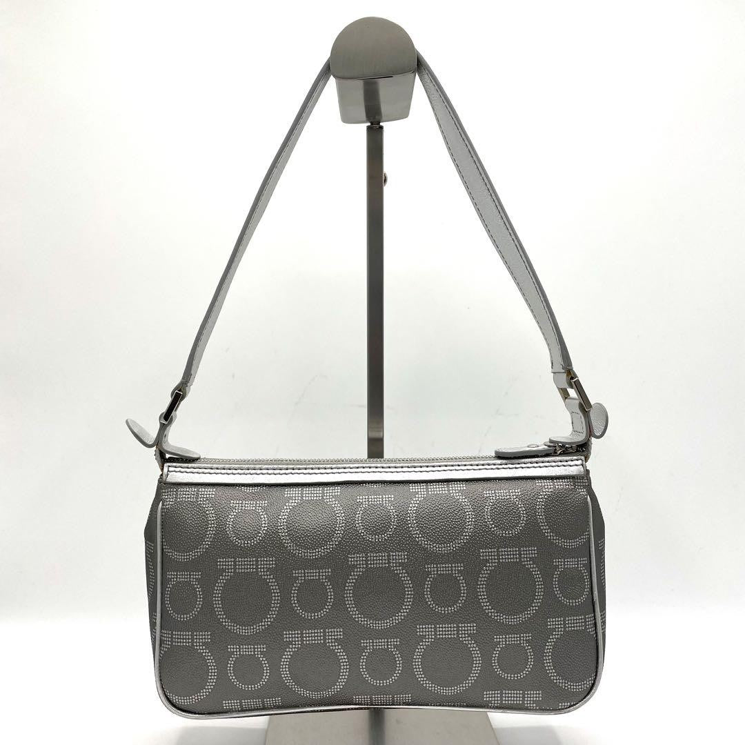 Salvatore Ferragamo Accessory Pouch Hand Pouch Gancini PVC Leather Silver Auth