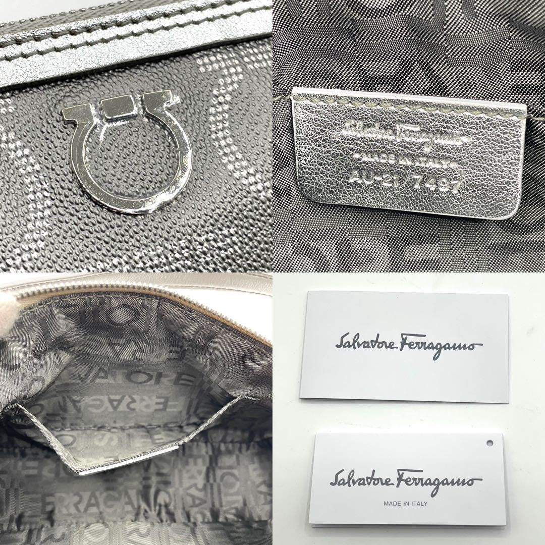Salvatore Ferragamo Accessory Pouch Hand Pouch Gancini PVC Leather Silver Auth