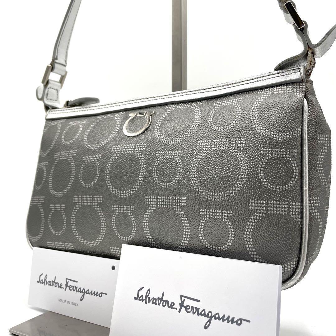 Salvatore Ferragamo Accessory Pouch Hand Pouch Gancini PVC Leather Silver Auth