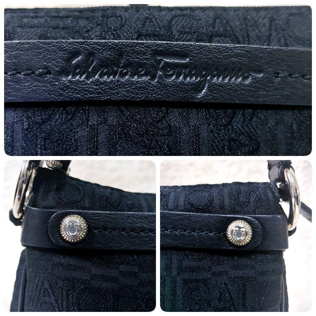 Salvatore Ferragamo Accessory Pouch Shoulder Bag Purse Leather Canvas Black Auth