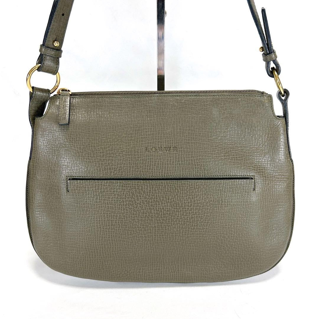 LOEWE Shoulder Bag Purse Logo Leather Khaki Authentic