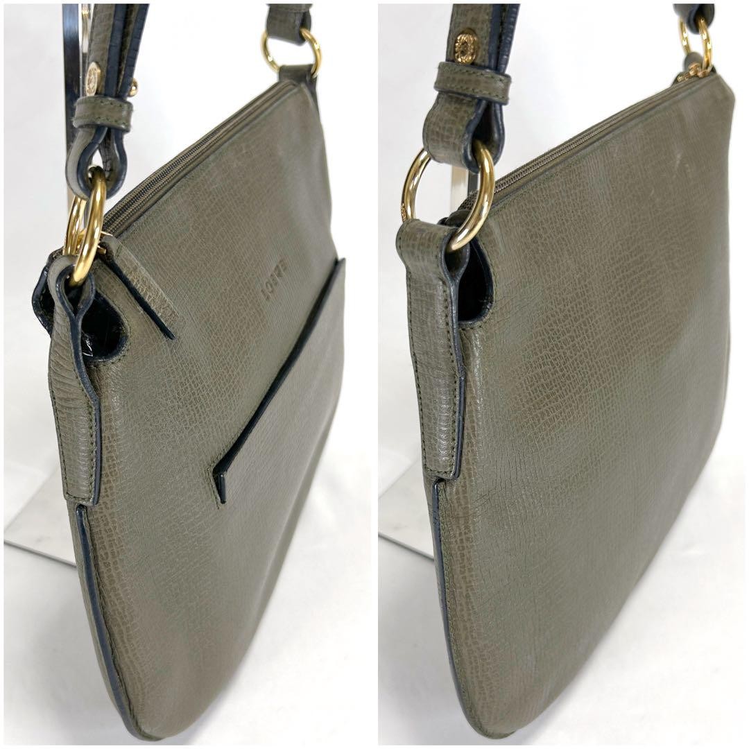 LOEWE Shoulder Bag Purse Logo Leather Khaki Authentic