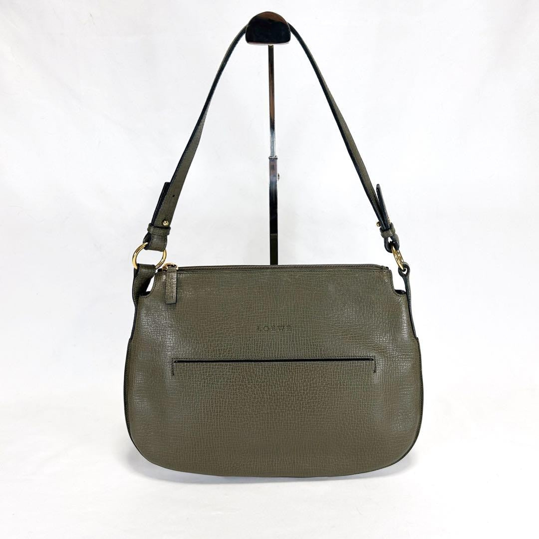 LOEWE Shoulder Bag Purse Logo Leather Khaki Authentic