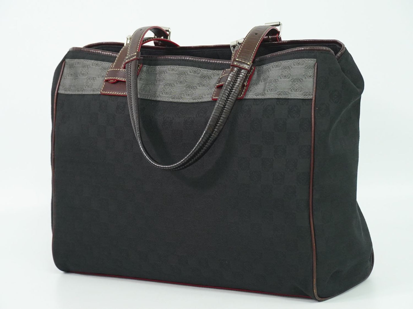 LOEWE Hand Shoulder Bag Tote Purse Anagram Canvas Black Gray Authentic