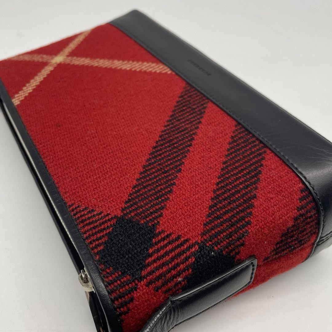 BURBERRY Shoulder Bag Purse Nova Check Wool Leather Red Black Authentic