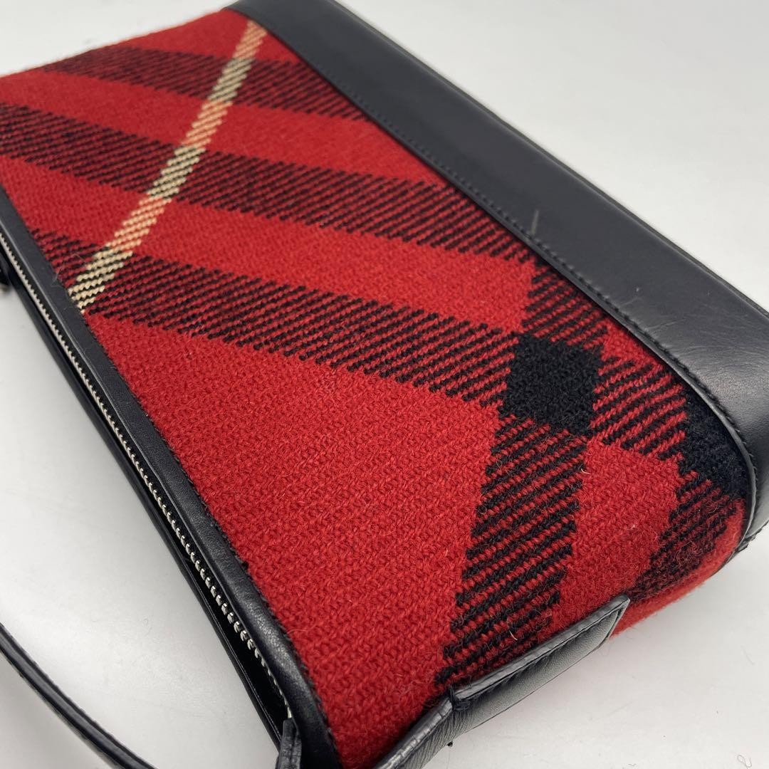 BURBERRY Shoulder Bag Purse Nova Check Wool Leather Red Black Authentic