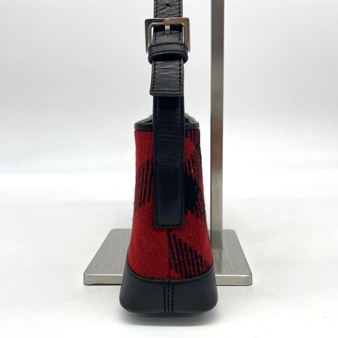 BURBERRY Shoulder Bag Purse Nova Check Wool Leather Red Black Authentic