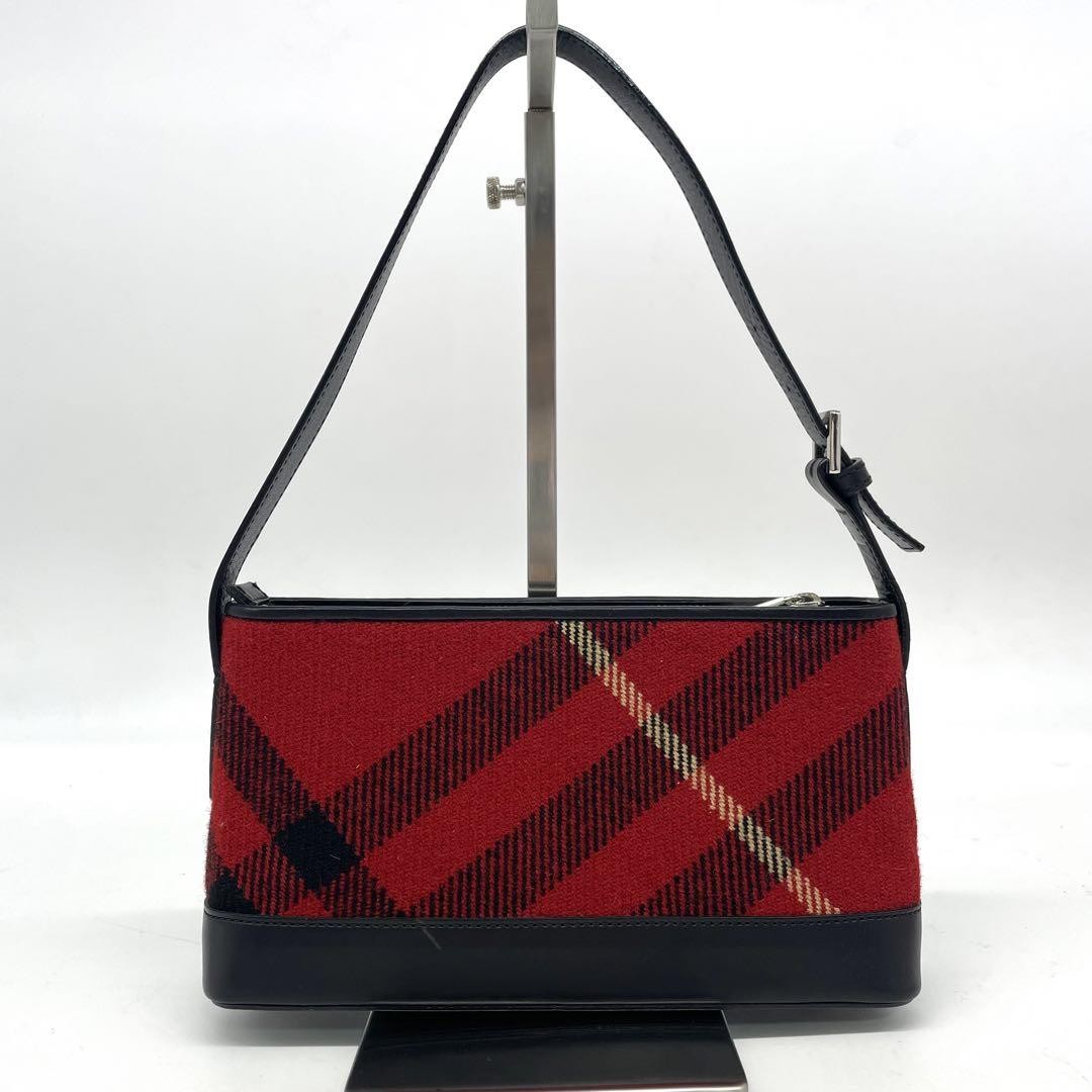 BURBERRY Shoulder Bag Purse Nova Check Wool Leather Red Black Authentic