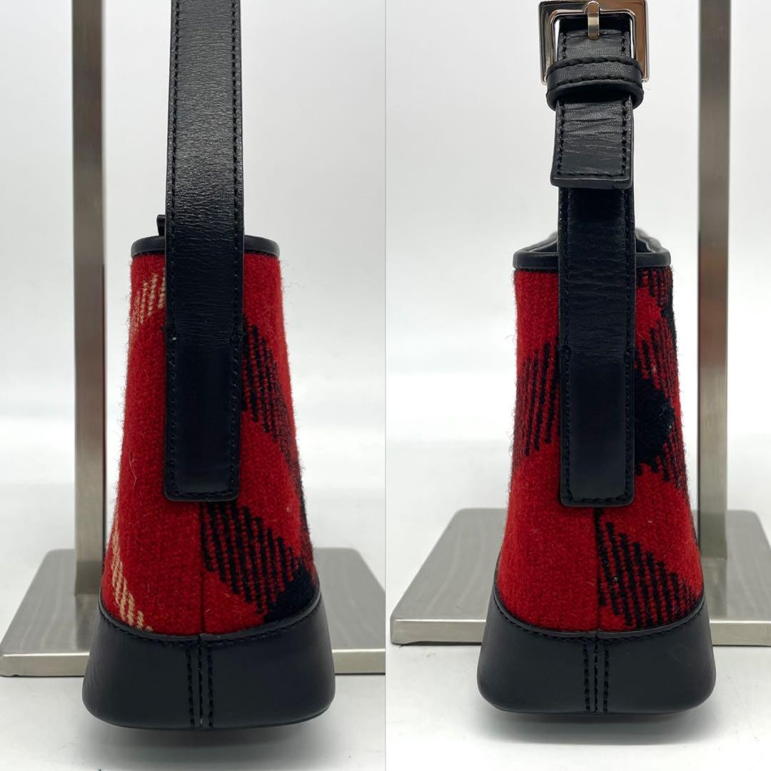 BURBERRY Shoulder Bag Purse Nova Check Wool Leather Red Black Authentic