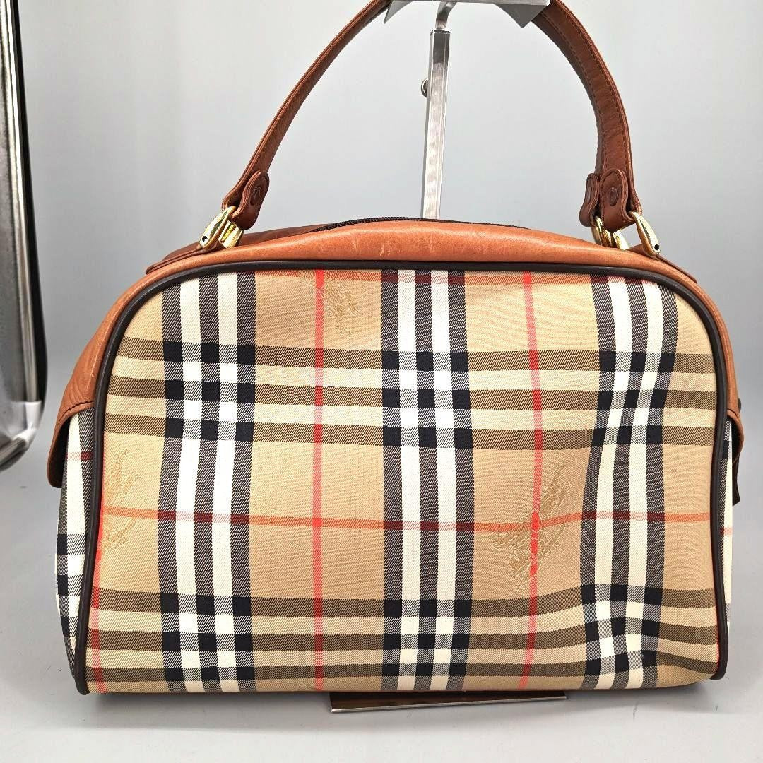 BURBERRY Hand Bag Tote Purse Mini Boston Nova Check Nylon Leather Beige Brown