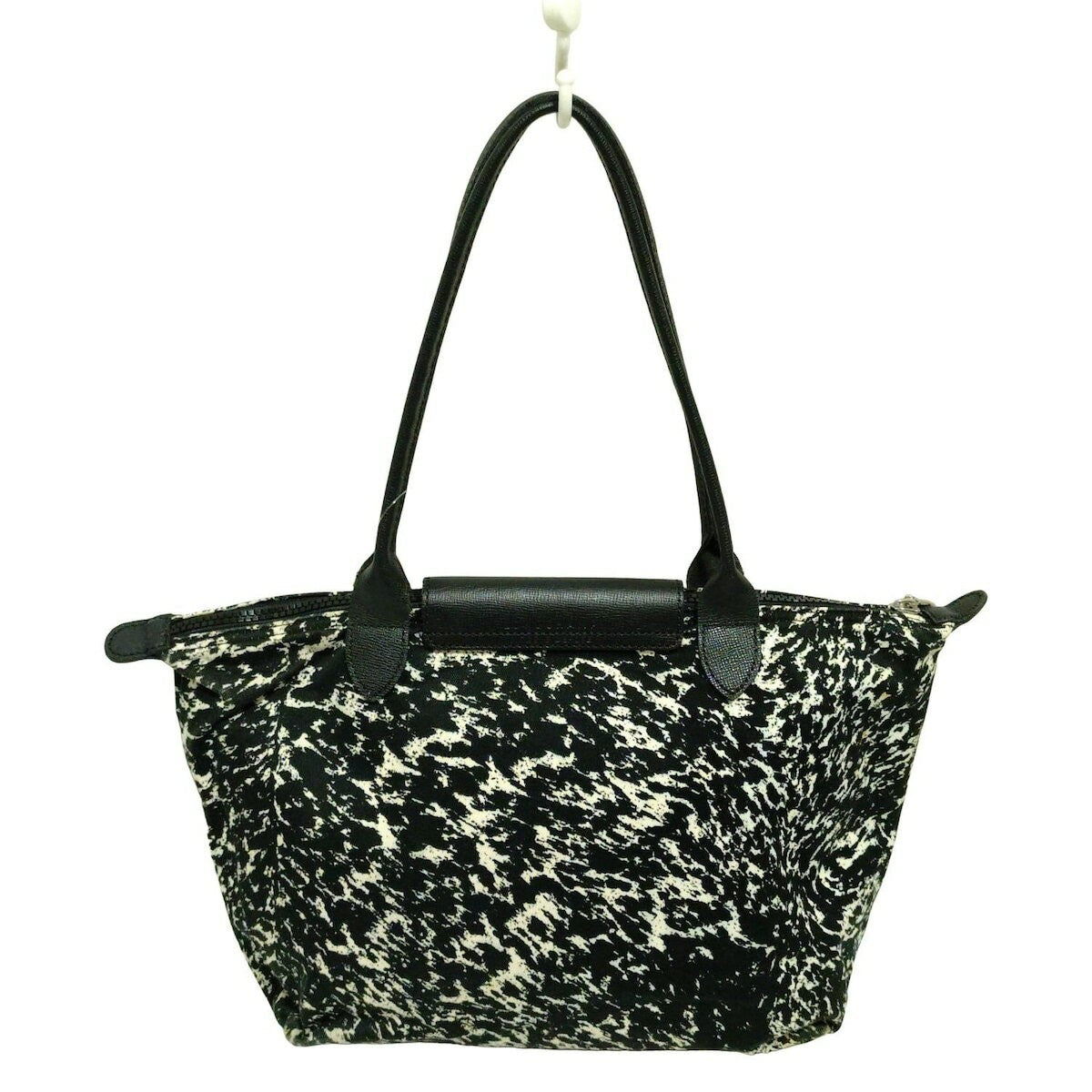 Longchamp Hand Shoulder Bag Tote Purse Le Pliage Canvas Leather Black White Auth